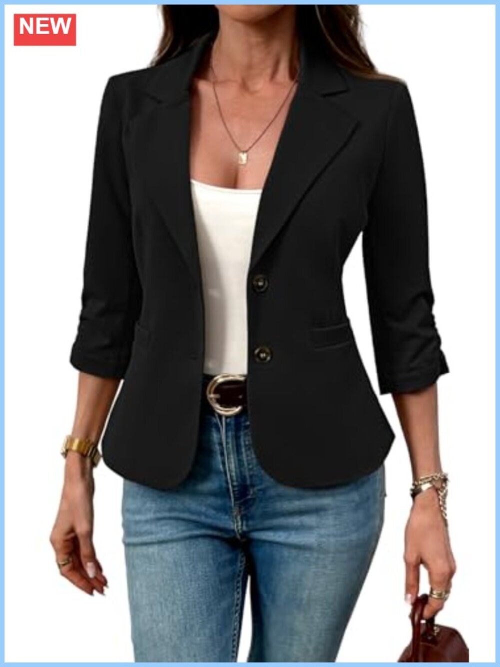 Women's Knit Blazer 3/4 Sleeve Notch Lapel Business Casual with Pockets